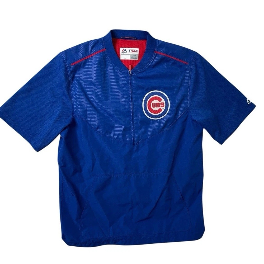 Chicago Cubs Jacket Mens Small Blue Majestic Cool Base Cage Pullover 1/4 Zip S/S